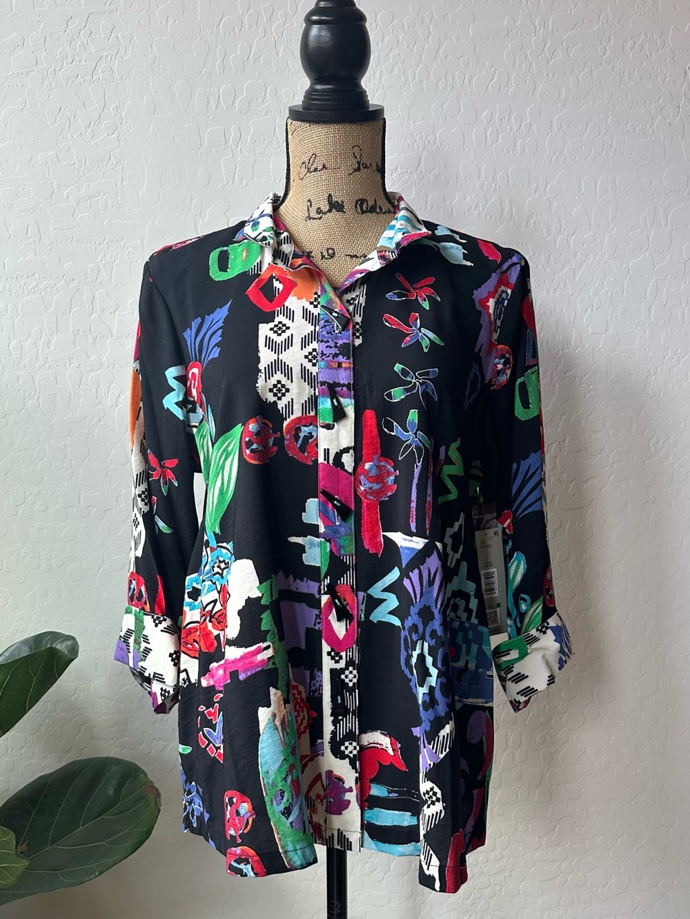 Ali Miles Black Abstract Floral Button-Down Shirt